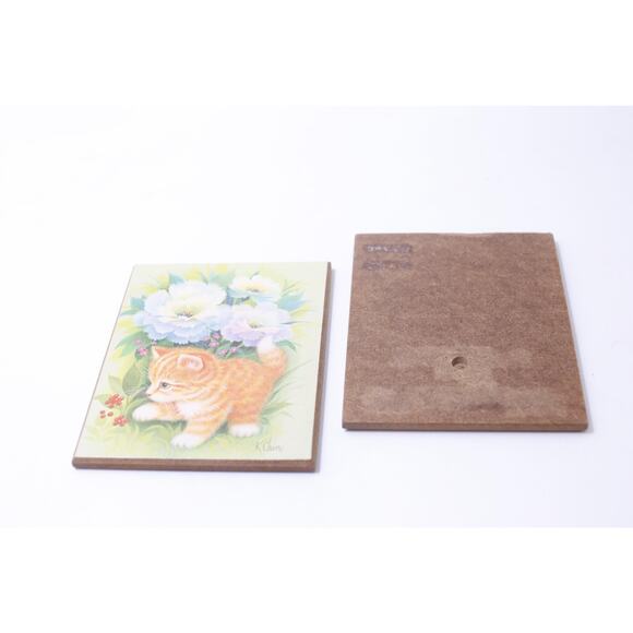 Red Kitten and Beagle Puppy, 1970s Wall Plaques, K Chin, Signed, Prints, Cute - Picture 3 of 3